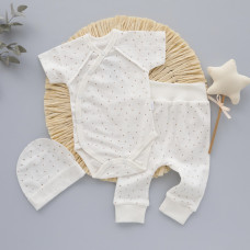 Набір 3в1: Боді короткий рукав, штанці та шапочка Горошок Бежевий (Рубчик) 56 (0-3міс)