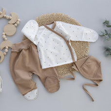 Набір 3в1: Льоля, повзунки та шапочка на зав’язках Горошок Кавовий (Футер - з начосом) 56 (0-1міс)