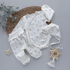 Набір 3в1: Боді, повзунки та шапочка на зав’язках Ведмедик зайчик Молочний (Футер - з начосом) 56 (0-1міс)