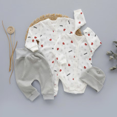 Комплект 4в1: Чоловічок, боді, штанці та шапочка Сердечка Червоний-Сірий (Рубчик) 62 (3-6міс)