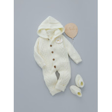 Комбінезон вʼязаний утеплений (Natural Wool) та пінетки Молочний косичка широка 62 (3-6міс)
