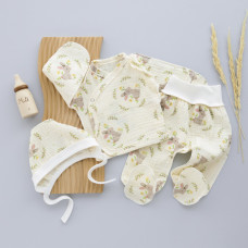 Мусліновий набір 3в1: Льоля, повзунки та шапочка Зайчик Квіти 56 (0-3міс)