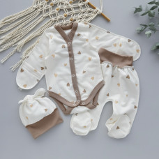 Набір 3в1: Боді-розпашонка, повзунки та шапочка Сердечка Бежевий (Футер - з начосом) 56 (0-3міс)