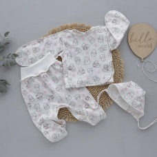 Набір 3в1: Льоля, повзунки та шапочка на зав’язках Котики Рожевий (Футер - з начосом) 62 (1-3міс)