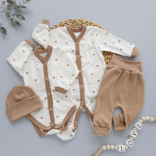 Комплект 4в1: Чоловічок, боді, штанці та шапочка Сердечка Бежевий Love (Рубчик) 62 (3-6міс)