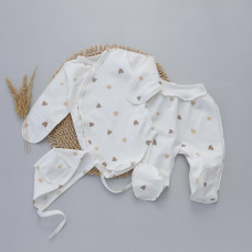 Набір 3в1: Боді-розпашонка, повзунки та шапочка на зав’язках Сердечка Бежевий (Футер - з начосом) 62 (1-3міс)