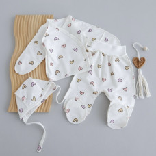 Набір 3в1: Льоля, повзунки та шапочка на зав’язках Сердечка Фіолетовий (Футер - з начосом) 56 (0-1міс)