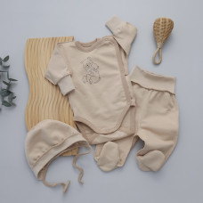 Набір 3в1: Боді, повзунки та шапочка Ведмедики обійми Бежевий (Футер - з начосом) 62 (3-6міс)