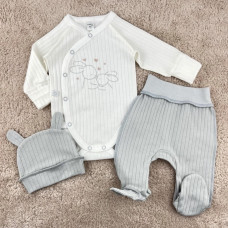 Набір 3в1: Боді, повзунки та шапочка Зайчики Сірий (Рубчик) 62 (3-6міс)