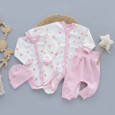 Комплект 4в1: Чоловічок, боді, штанці та шапочка Квіти Рожевий (Рубчик) 62 (3-6міс)