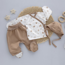 Набір 3в1: Льоля, повзунки та шапочка на зав’язках Зірки Кавовий (Футер - з начосом) 56 (0-1міс)