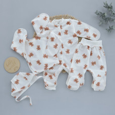 Набір 4в1: Чоловічок, льоля, повзунки та шапочка на зав’язках Ведмедики плюшевий (Футер - з начосом) 56 (0-1міс)
