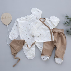 Набір 4в1: Чоловічок, льоля, повзунки та шапочка на зав’язках Горошок Кавовий (Футер - з начосом) 56 (0-1міс)