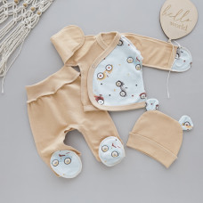 Набір 3в1: Льоля, повзунки та шапочка Машинки Бежевий (Футер- з начосом) 56 (0-3міс)