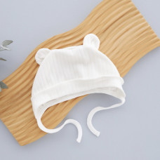 Шапочка на завʼязках з вушками Молочний (Рубчик) 56 (0-3міс)