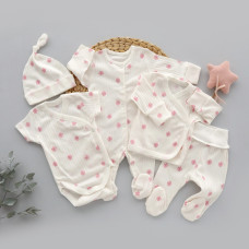 Набір 5в1: Чоловічок, льоля, повзунки, боді короткий рукав та шапочка Квіти Рожевий (Рубчик) 56 (0-3міс)
