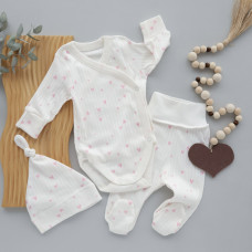 Набір 3в1: Боді, повзунки та шапочка вузлик Сердечка дрібні Рожевий (Рубчик) 56 (0-3міс)