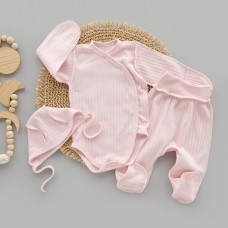 Набір 3в1: Боді, повзунки та шапочка на зав’язках Рожевий (Рубчик) 62 (1-3міс)