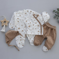 Набір 4в1: Чоловічок, льоля, повзунки та шапочка на зав’язках Зірки Кавовий (Футер - з начосом) 56 (0-1міс)