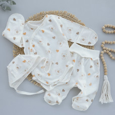 Набір 3в1: Боді, повзунки та шапочка на зав’язках Сердечка Ведмедики (Футер - з начосом) 56 (0-1міс)