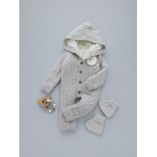 Комбінезон вʼязаний утеплений (Natural Wool) та пінетки Сірий косичка широка 62 (3-6міс)