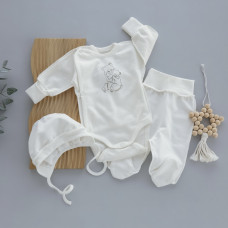 Набір 3в1: Боді, повзунки та шапочка Ведмедики обійми Молочний (Футер - з начосом) 56 (0-3міс)