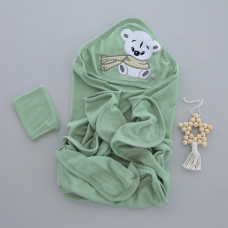 Дитячий рушник з кутиком махровий Ведмедик з шарфом Оливковий 90/85