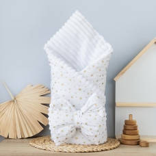 Плед зі зʼємним утепленням та бантом -резинкою Зірки золото (гліттер) /Білий плюш 90/80