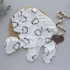 Набір 3в1: Боді, повзунки та шапочка Пінгвіни (Футер - з начосом) 56 (0-3міс)
