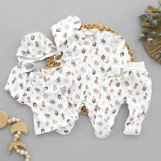 Набір 4в1: Чоловічок, льоля, повзунки та шапочка на зав’язках Звірята Бежевий (Інтерлок) 56 (0-1міс)