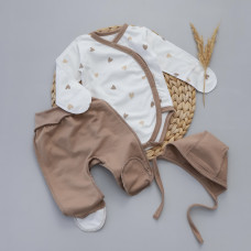 Набір 3в1: Боді, повзунки та шапочка на зав’язках Сердечка Кавовий (Футер - з начосом) 62 (1-3міс)