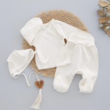 Набір 3в1: Льоля, повзунки та шапочка на зав’язках Молочний (Рубчик) 62 (1-3міс)