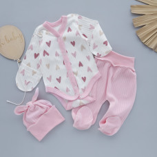 Комплект 3в1: Боді, повзунки та шапочка Сердечка Рожевий (Рубчик) 56 (0-3міс)