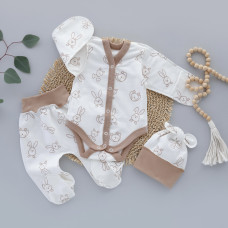 Набір 3в1: Боді, повзунки та шапочка Зайка Бежевий (Футер - з начосом) 56 (0-3міс)