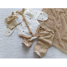 Набір 3в1: Боді, повзунки та шапочка Сердечки Бежевий Вузлик (Рубчик) 56 (0-3міс)