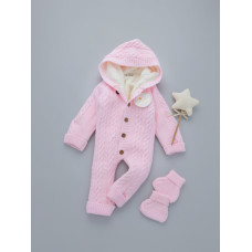 Комбінезон вʼязаний утеплений (Natural Wool) та пінетки Рожевий косичка 62 (3-6міс)