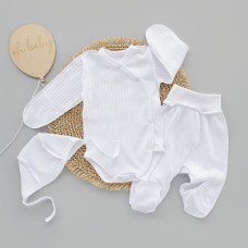 Набір 3в1: Боді, повзунки та шапочка на зав’язках Білий (Рубчик) 62 (1-3міс)