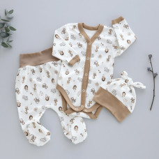 Набір 3в1: Боді, повзунки та шапочка Звірята Бежевий (Інтерлок) 62 (3-6міс)