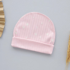 Шапочка з підворотом Сердечка Білі на Рожевому (Рубчик) 56 (0-3міс)