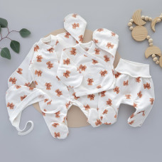 Набір 4в1: Чоловічок, льоля, повзунки та шапочка на зав’язках Ведмедики плюшевий (Футер - з начосом) 56 (0-3міс)