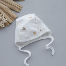 Шапочка на зав’язках Сердечка Бежевий (Футер - з начосом) 56 (0-3міс)