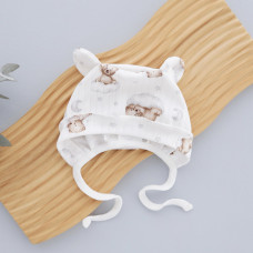 Шапочка на завʼязках з вушками Ведмедик на хмаринці (Рубчик) 56 (0-3міс)