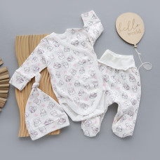 Набір 3в1: Боді, повзунки та шапочка вузлик Котики Рожевий (Інтерлок) 56 (0-3міс)