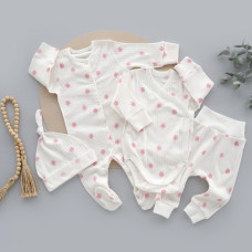 Набір 4в1: Чоловічок, боді, штанці та шапочка вузлик Квіти Рожевий (Рубчик) 62 (3-6міс)