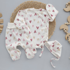 Набір 3в1: Боді, повзунки та шапочка на зав’язках Сердечка Рожевий (Рубчик) 56 (0-1міс)