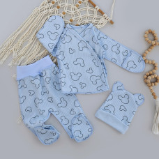 Набір 3в1: Льоля, повзунки та шапочка Міккі Блакитний (Рубчик) 56 (0-1міс)