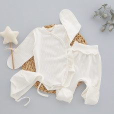 Набір 3в1: Боді, повзунки та шапочка на зав’язках Молочний (Рубчик) 62 (1-3міс)