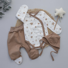 Набір 3в1: Боді, повзунки та шапочка на зав’язках Зірки Кавовий (Футер - з начосом) 56 (0-1міс)