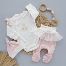 Набір 3в1: Боді, повзунки з фатіном та шапочка Квіти Рожевий (Інтерлок/рубчик) 62 (1-3м)