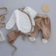 Набір 3в1: Боді, повзунки та шапочка на зав’язках Горошок Кавовий (Футер - з начосом) 56 (0-1міс)